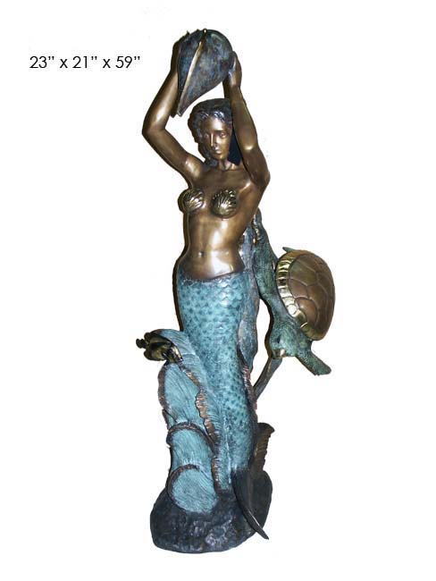 Vendita calda a grandezza naturale belle figure di sirena in bronzu Fontana cù Shell Holding